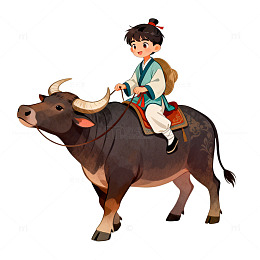 卡通插画牧童骑牛图