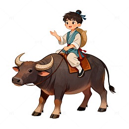 卡通古风牧童骑牛图
