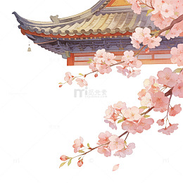 水彩古风樱花建筑插画