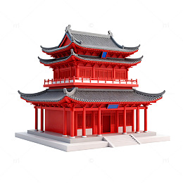 传统红色中式建筑模型