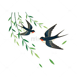 燕子柳枝水墨画