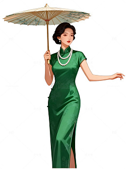 旗袍美女撑伞插画