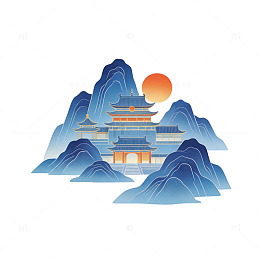 中国风古建筑山水画矢量图