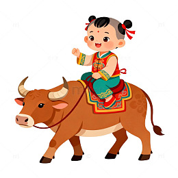 卡通春节牧童骑牛图