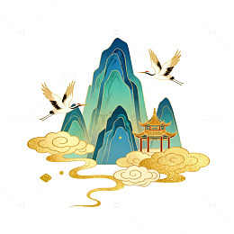 古风山水画仙鹤亭阁图案