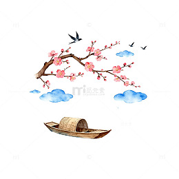 水彩桃花小舟插画素材