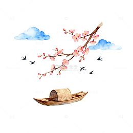 水彩风春日桃花小舟图
