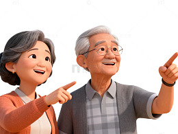 3D老年夫妇指向前方卡通插画