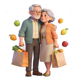 卡通老夫妇购物生活场景插画