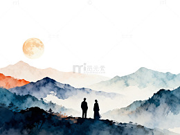 水墨山峦情侣赏月图