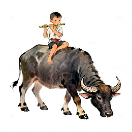 水墨田园牧童吹笛图