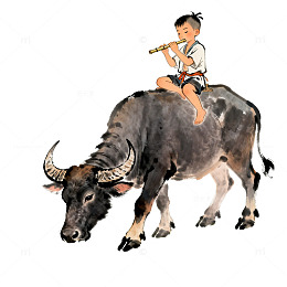 水墨画牧童牛吃草图