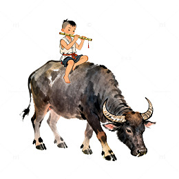 水墨画牧童吹笛牛吃草