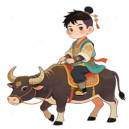 卡通小男孩骑牛图案