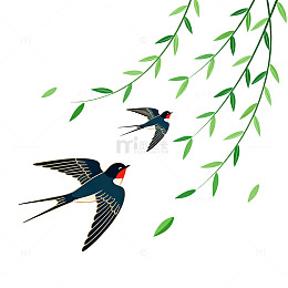 燕子飞柳春季风景插画
