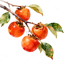 柿子树枝叶水彩画