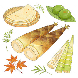 手绘竹笋与煎饼美食插画素材