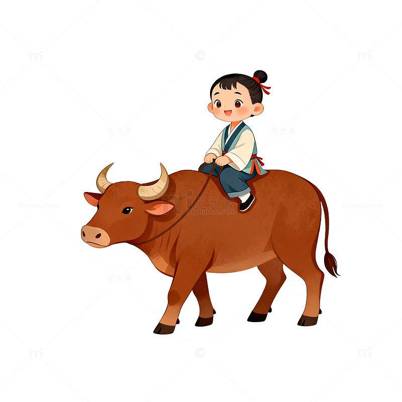 卡通插画牛背小女孩
