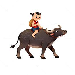 卡通牧童骑牛插画