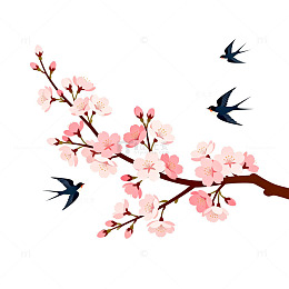 樱花飞鸟水墨画风格设计元素