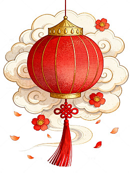 中国风红灯笼云朵花卉插画