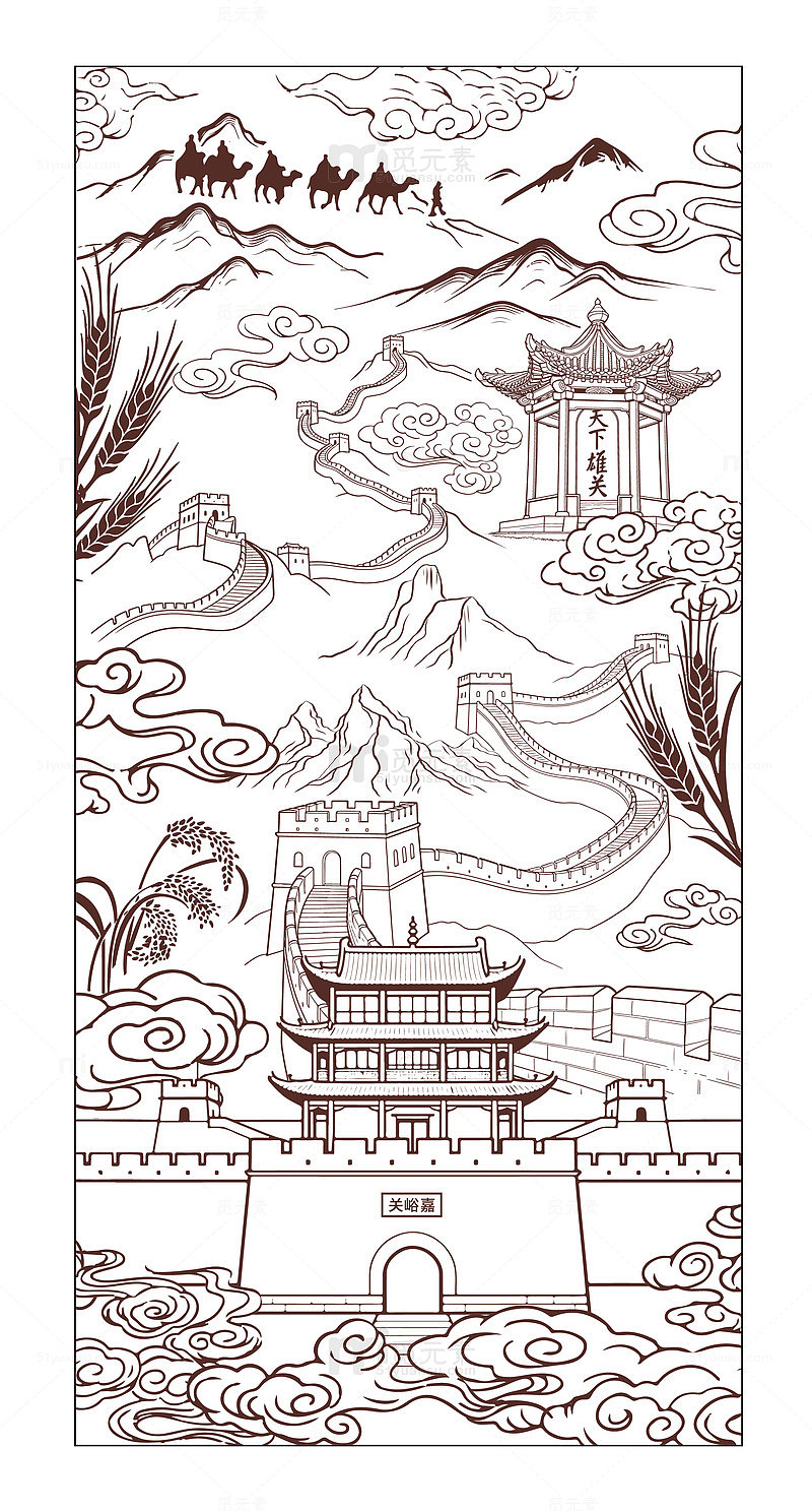 甘肃嘉峪关矢量黑白线稿插画