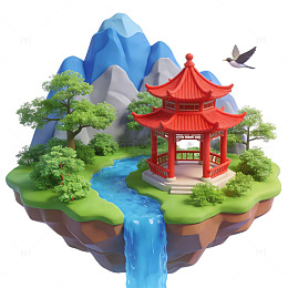 卡通风格山水亭阁景观插画