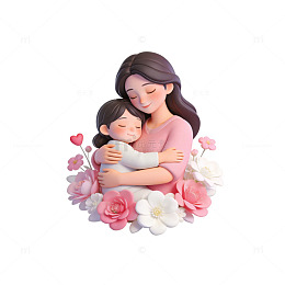 温馨母女花束卡通插画