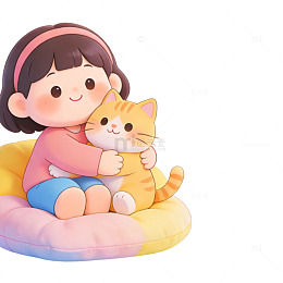 Q 版  小女孩 猫 立体 元素