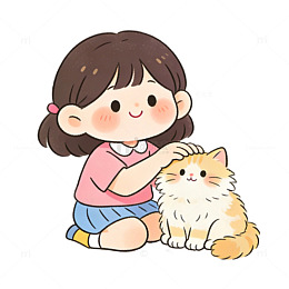 Q 版 人物 小女孩 猫 手绘 卡通