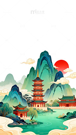 传统中国风山水楼阁插画