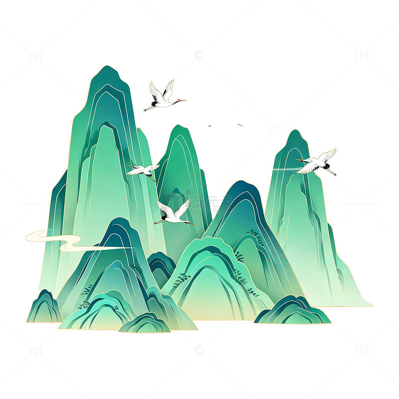 青绿山水画仙鹤飞翔