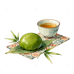 水彩青团茶杯静物画