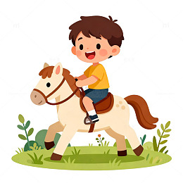 卡通风格儿童骑马插画