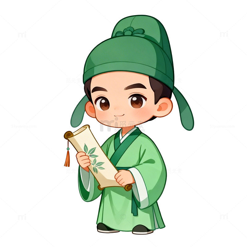 卡通古风书生卷轴插画素材