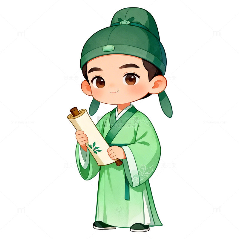卡通古风书生卷轴插画素材