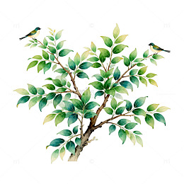 水彩绿植小鸟插画设计素材
