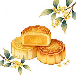 水彩风格月饼桂花插画