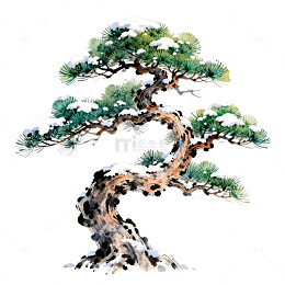 水墨风格松树盆景艺术插画