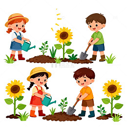 卡通儿童种植向日葵插画