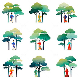 中国风人物树木插画设计素材