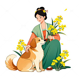 古风女子与犬油菜花插画
