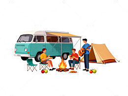 露营野餐家庭出游卡通插画