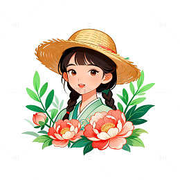 田园风少女插画牡丹花元素设计素材