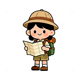 卡通探险女孩地图插画素材