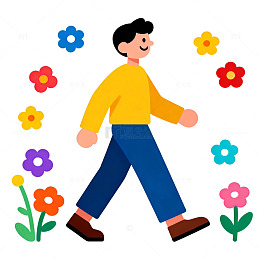 卡通人物漫步花丛图