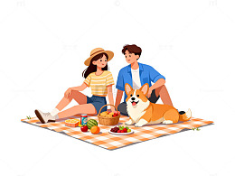 卡通野餐情侣插画