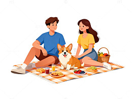 卡通野餐情侣宠物插画