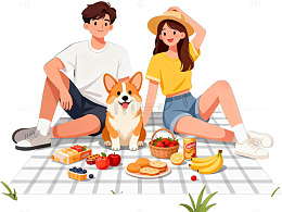 卡通野餐情侣宠物插画