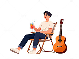 休闲时光吉他饮料插画